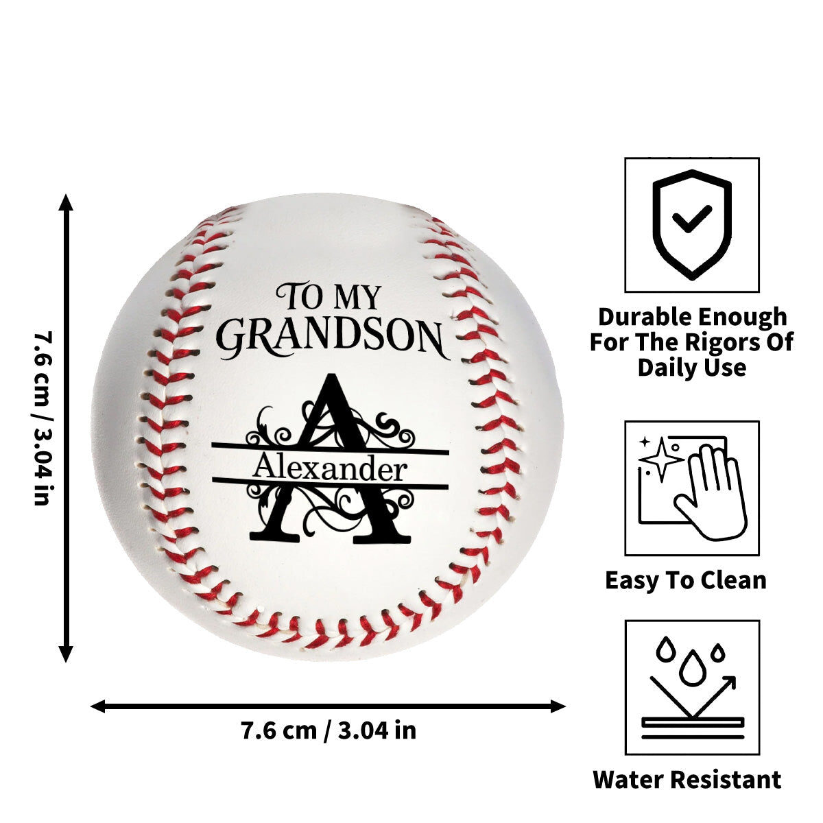 Spec card for the personalized baseball: the ball measures 7.6 cm / 3.04 in, with Durable Enough For The Rigors Of Daily Use, Easy To Clean, and Water Resistant callouts